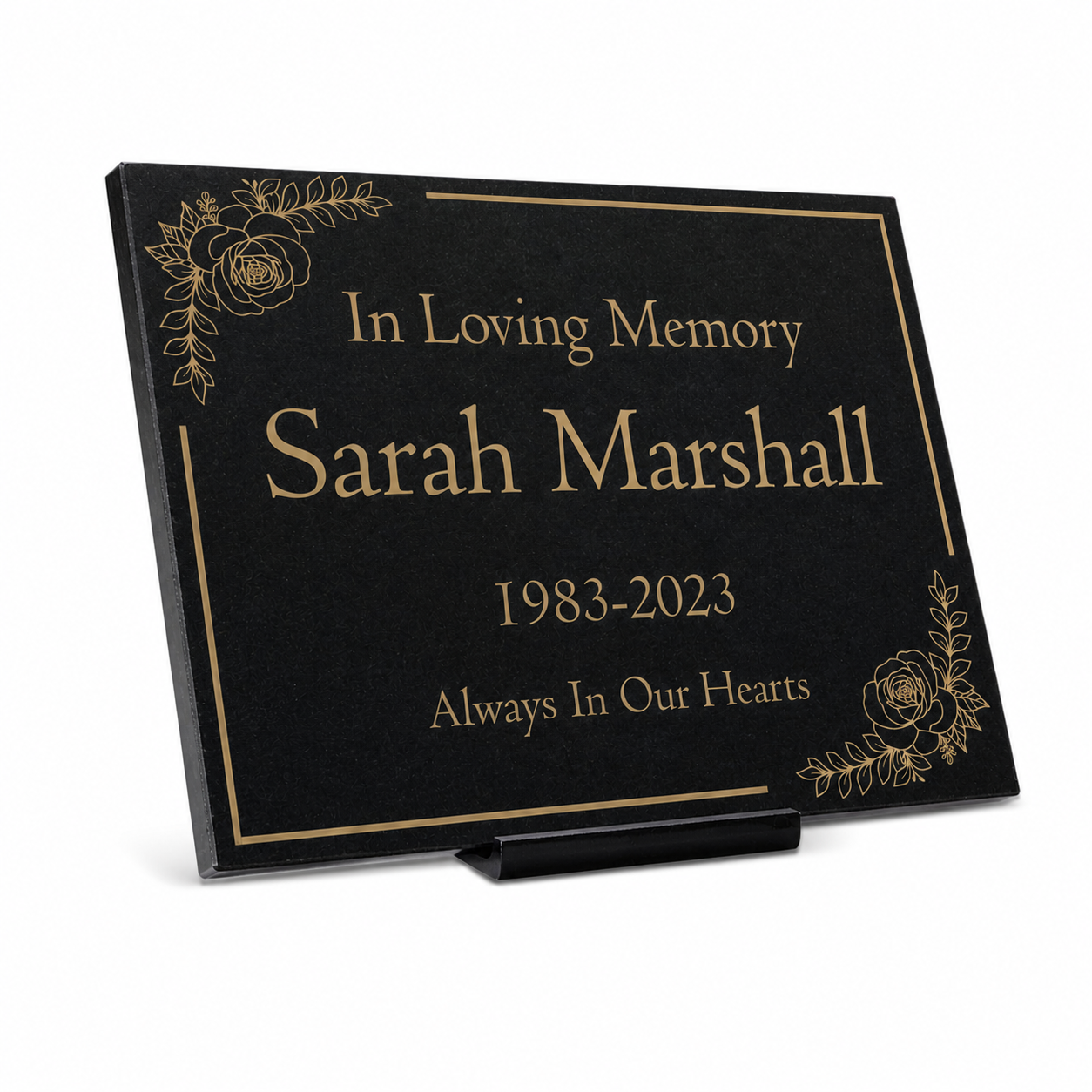 Granite Memorial Plaque, Floral Border, Stand Included