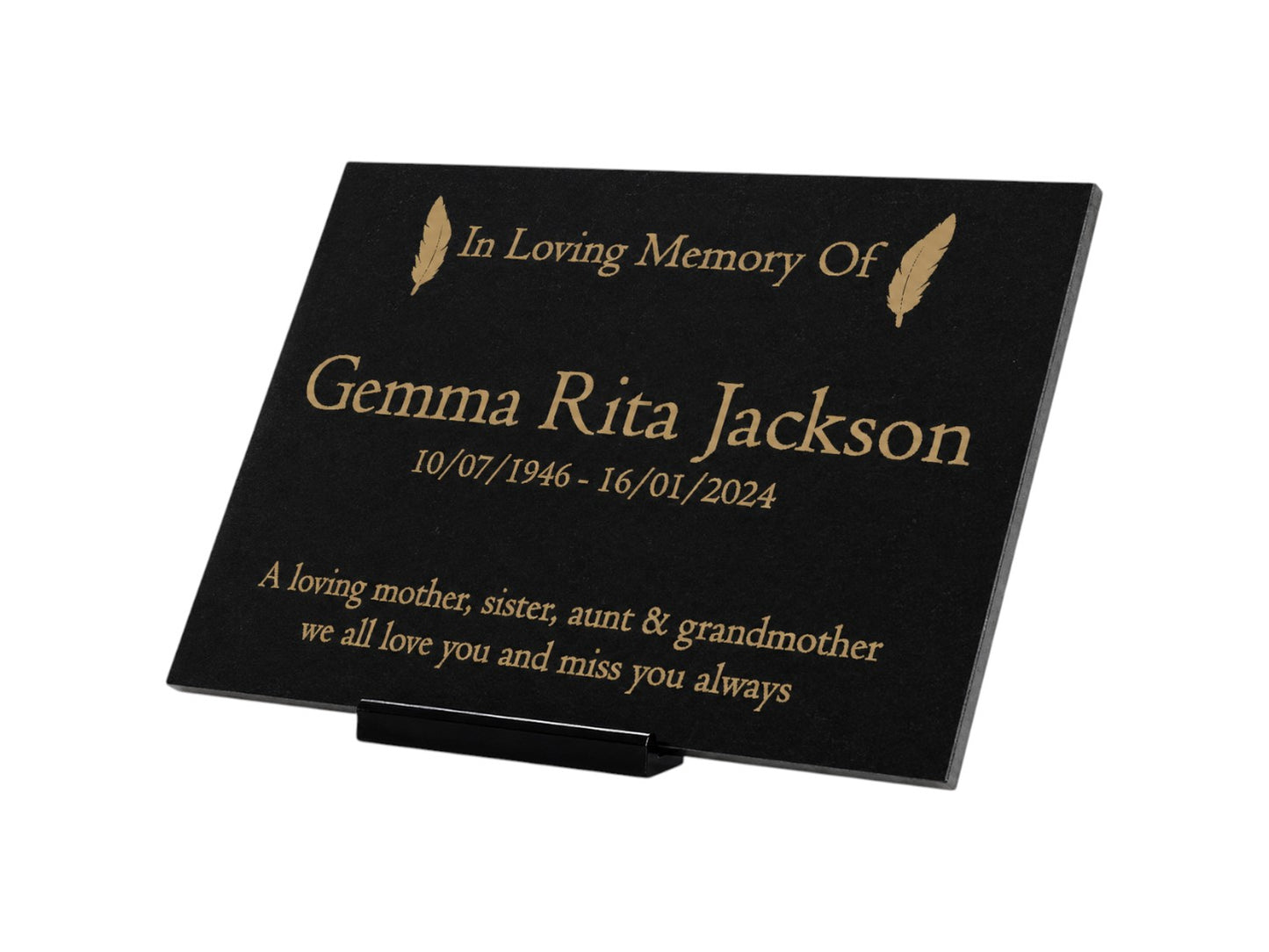Granite Memorial Plaque, Feather, Personalized, Stand Included