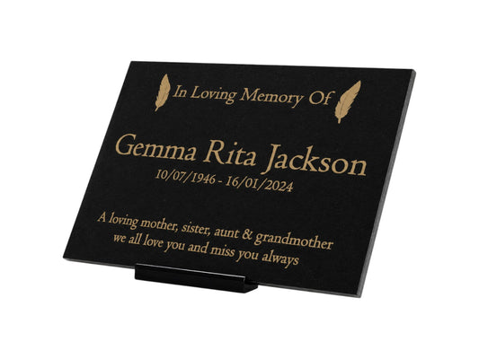 Granite Memorial Plaque, Feather, Personalized, Stand Included