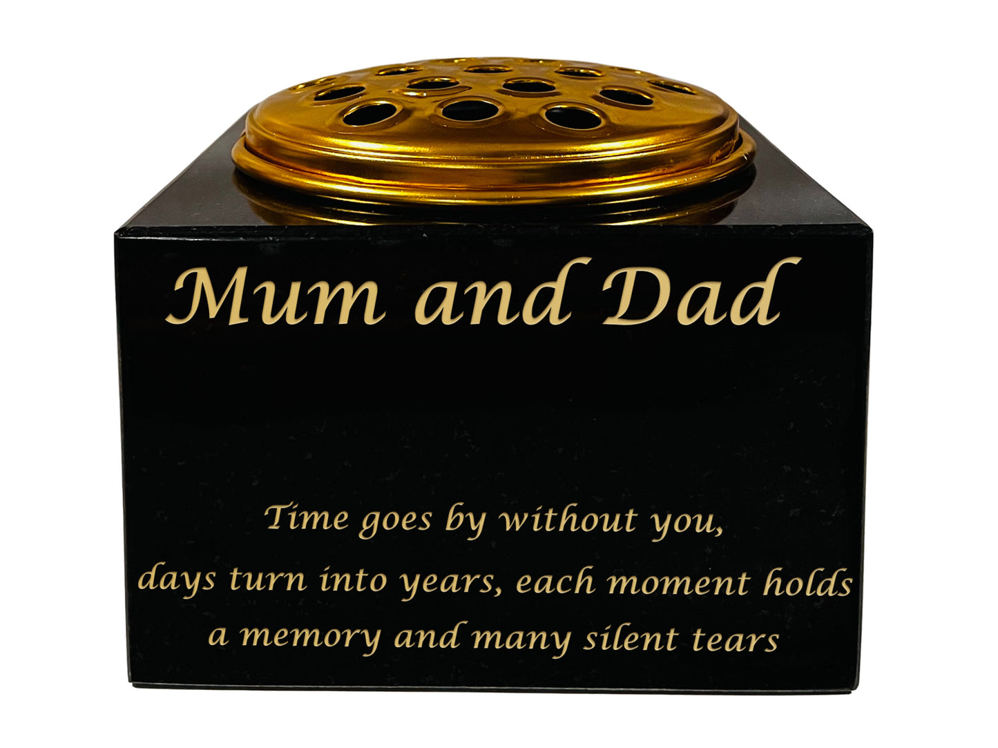 Granite Rectangle-Shaped Memorial Vase, Premium Black with Gold Metal Flower Pot Insert- 6x6x4 Inches