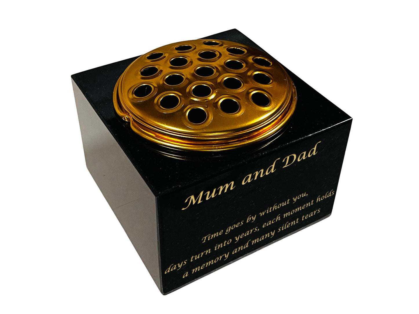 Granite Rectangle-Shaped Memorial Vase, Premium Black with Gold Metal Flower Pot Insert- 6x6x4 Inches