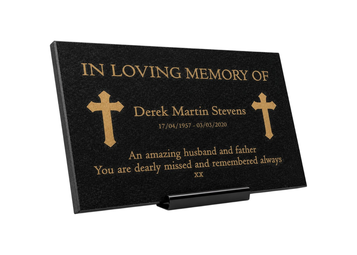 Granite Memorial Plaque, Cross, Personalized, Stand Included