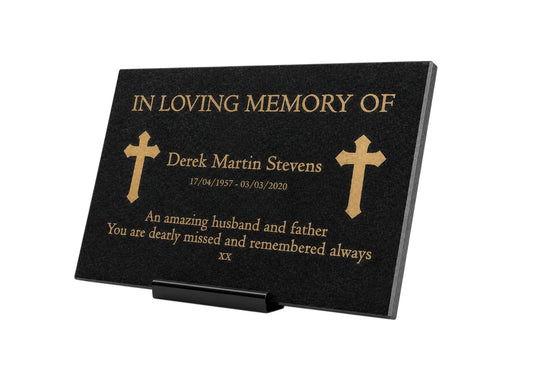Granite Memorial Plaque, Cross, Personalized, Stand Included