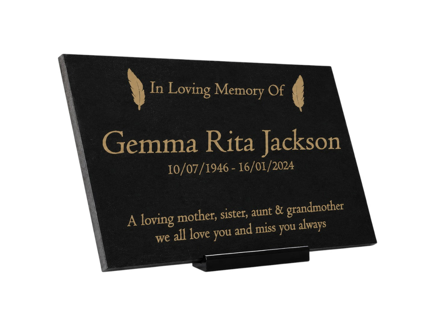 Granite Memorial Plaque, Feather, Personalized, Stand Included