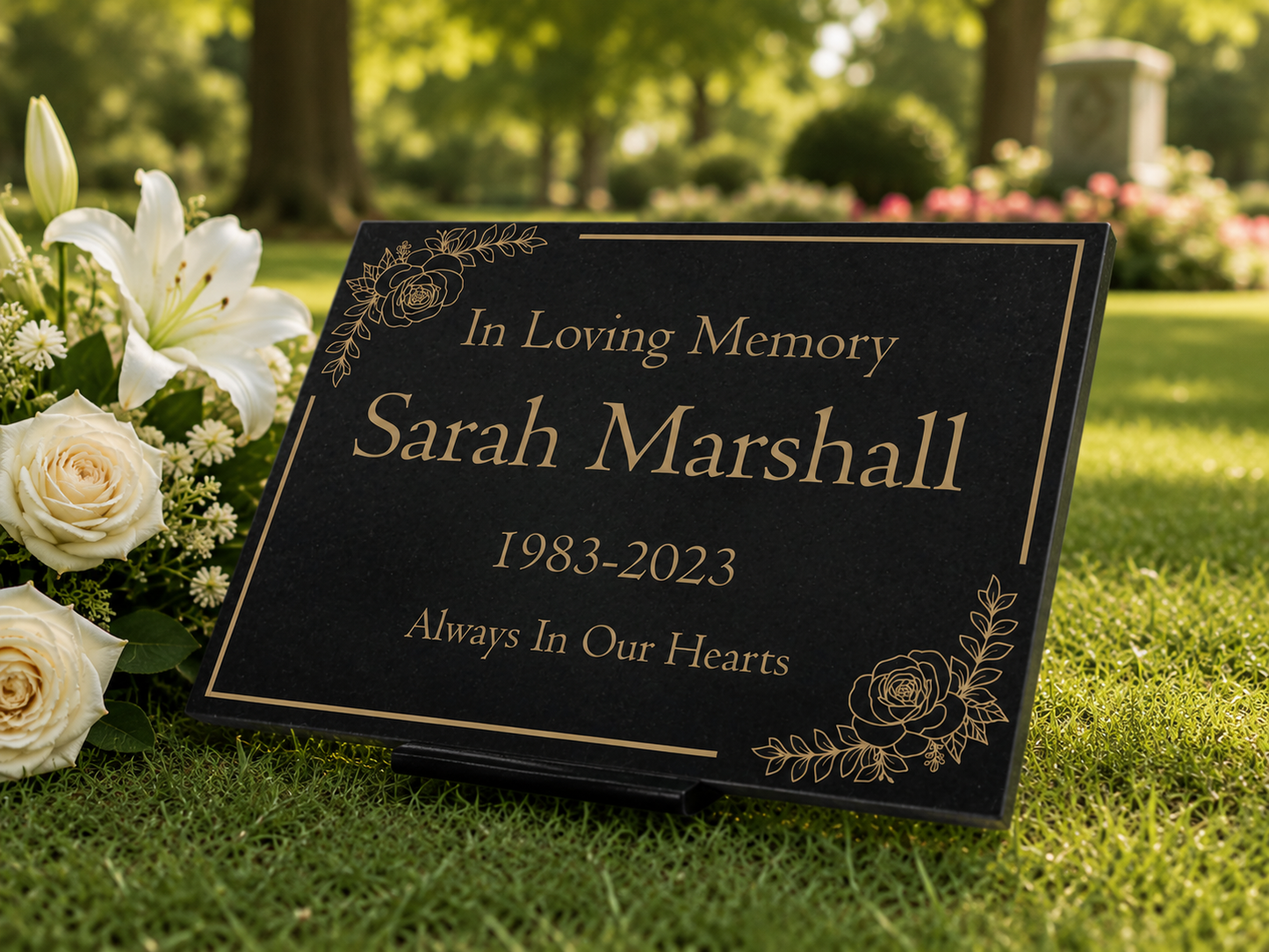 Granite Memorial Plaque, Floral Border, Stand Included